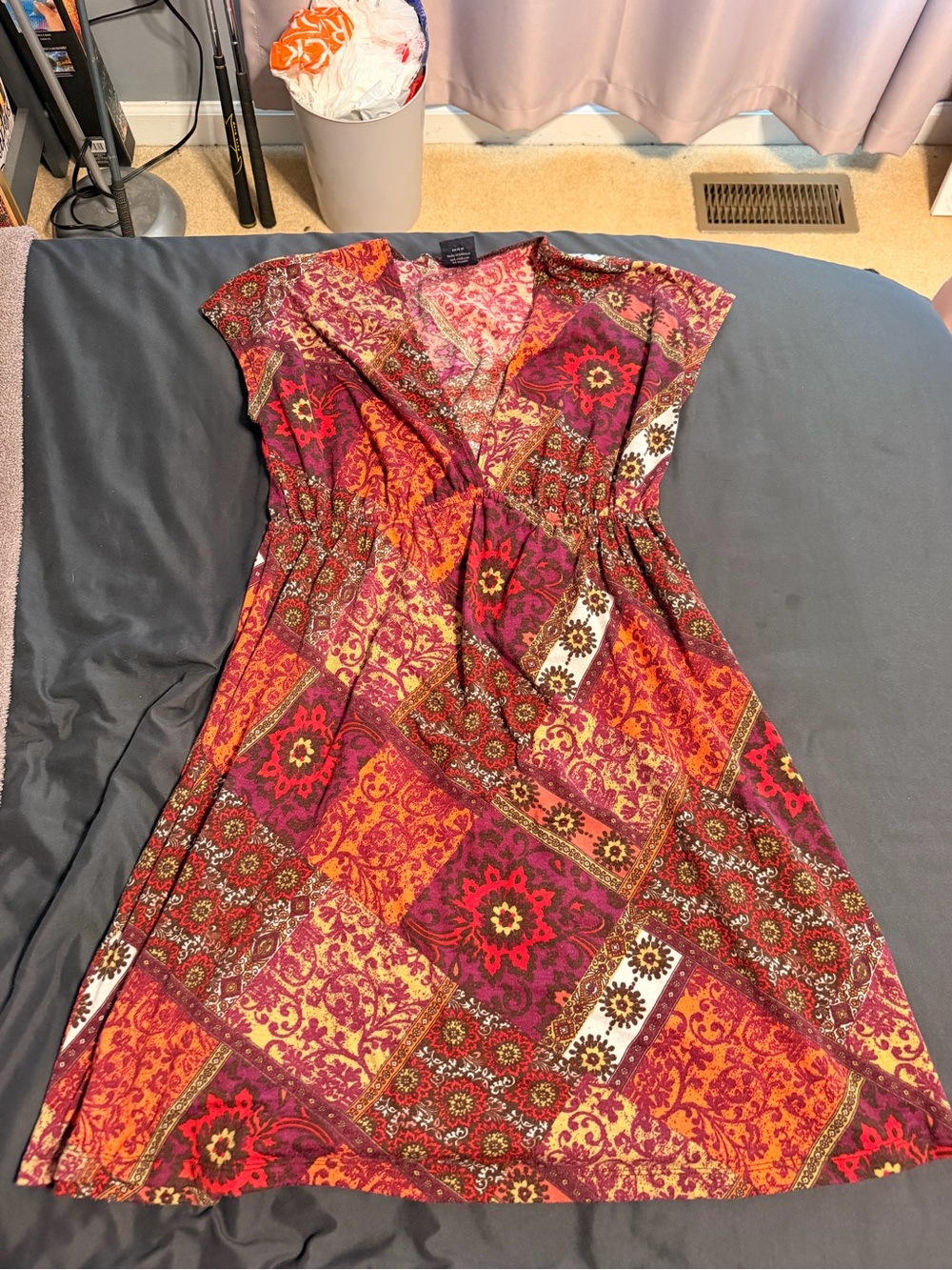 Faded Glory Patchwork Floral Midi Dress - Red & Orange